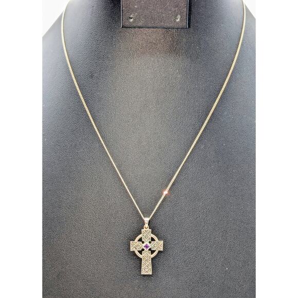 925 Sterling Silver Marcasite Amethyst Celtic Cross Pendant Chain 18" Necklace - Picture 1 of 8